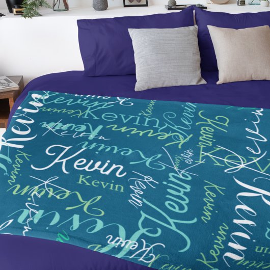 Herhaalde namen allover Dark Zee-Blue Fleece Deken