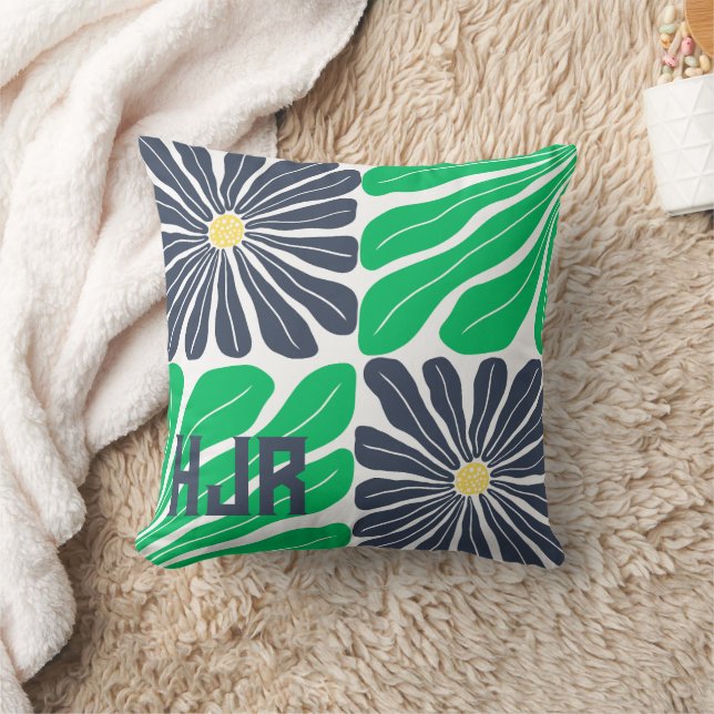 Herhalend bloemenpatroon Groen Blauw Monogram Naam Kussen (Deken)