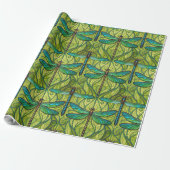 Herhalend libelpatroon op groen cadeaupapier (Uitgerold)