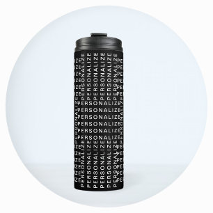 Herhalend naam- of woordpatroon zwart en wit thermosbeker