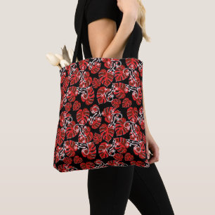 Herhalend salamander en rood lederen patroon tote bag