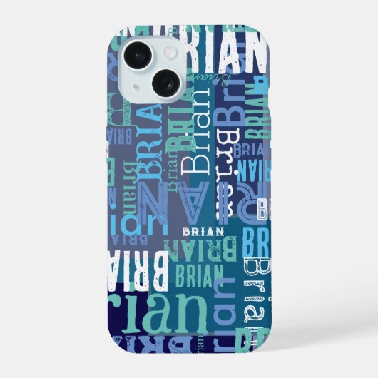 Herhalende Brian (aangepaste naam) blauwe tinten iPhone 15 Case (Achterkant)