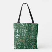 Herhalende hondennaam en pootafdrukken overal groe tote bag (Achterkant)