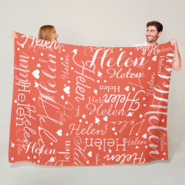 Herhalende Naam en harten allover Sinaasappel Rood Fleece Deken