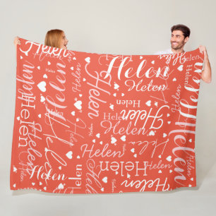 Herhalende Naam en harten allover Sinaasappel Rood Fleece Deken