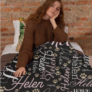 Herhalende Naam en Paws allover zwart Fleece Deken