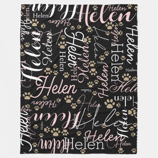Herhalende Naam en Paws allover zwart Fleece Deken (Voorkant)