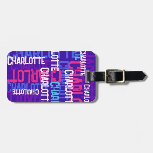 Herhalende Naam Graffiti Paarse Kinder Bagagelabel (Voorkant horizontaal)
