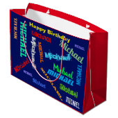 Herhalende NAAM Happy Birthday Blauw Rood Groot Cadeauzakje (Achterkant Gekanteld)