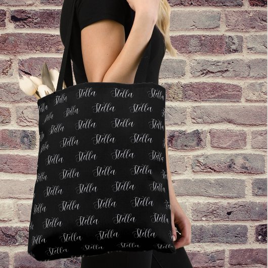 Herhalende Naam in Wit All-Over Zwart Tote Bag