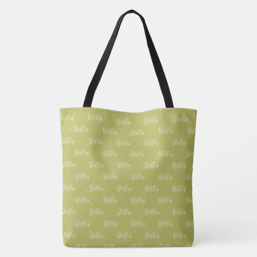 Herhalende Naam in Wit op Herfst-Bladgroen Tote Bag (Achterkant)