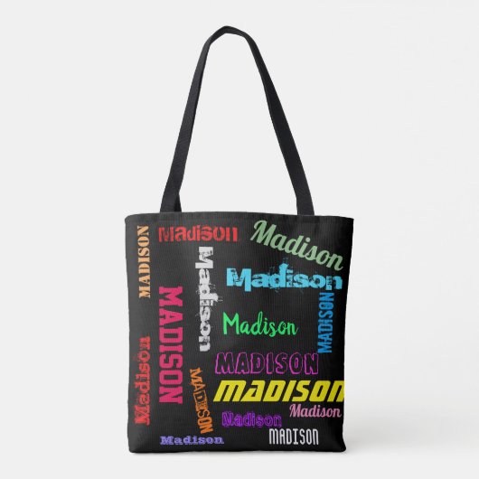 Herhalende Naam Kleurrijk op Schouder van het Zwar Tote Bag (Achterkant)