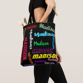 Herhalende Naam Kleurrijk op Schouder van het Zwar Tote Bag