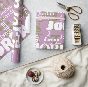 Herhalende Naam Lila Groen Wit Modern Neutrals Cadeaupapier