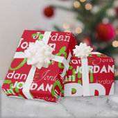 Herhalende Naam Patroon Groen Wit Rood Kerstmis Cadeaupapier