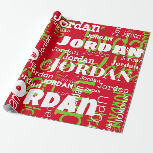 Herhalende Naam Patroon Groen Wit Rood Kerstmis Cadeaupapier (Uitgerold)