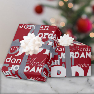 Herhalende Naam Patroon Rood Zilver Wit Kerstmis Cadeaupapier