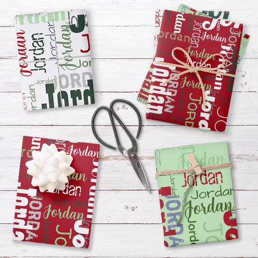 Herhalende Naam Rood Groen Wit Kerstmis Inpakpapier Vel