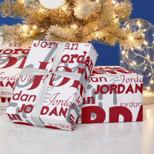 Herhalende Naam Rood Zilver Wit Patroon Kerstmis Cadeaupapier