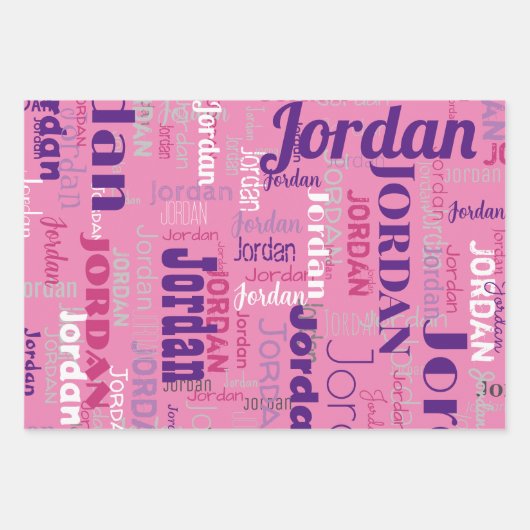 Herhalende Naam Roze en Paarse Verjaardag Inpakpapier Vel (Voorkant)