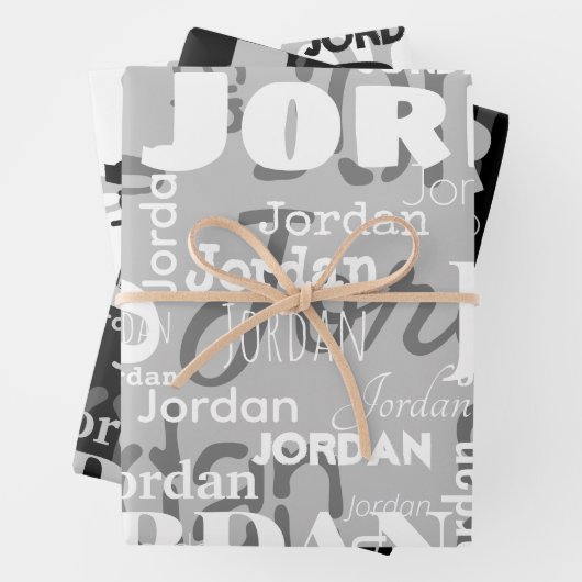 Herhalende Naam Zwart Grijs Wit Modern Neutraal Inpakpapier Vel (In situ)