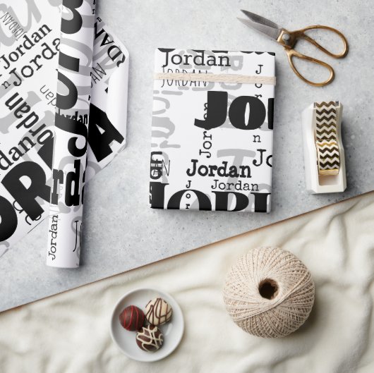 Herhalende Naam Zwart Grijs Wit Moderne Neutrals Cadeaupapier (Crafts)