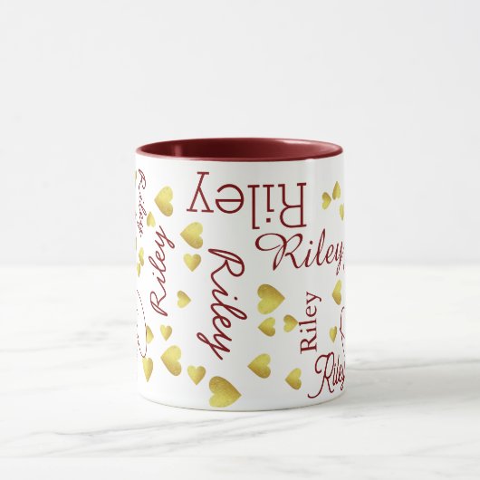 Herhaling van de naam met Gold Hearts Maroon Mok (Midden)