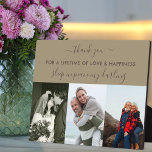 Herinnering 3 Foto Collage Beige Brown Aangepast Fotoplaat<br><div class="desc">Creëer je eigen herinneringsplaatje in het liefhebben van je speciale persoon, met drie van je gelukkigste afbeeldingen. De tekst is volledig bewerkbaar - op dit moment staat "bedankt" voor een leven lang van liefde en geluk - slaap in vrede, mijn liefje. Het fotomalplaatje is ook opstelling klaar voor u om...</div>