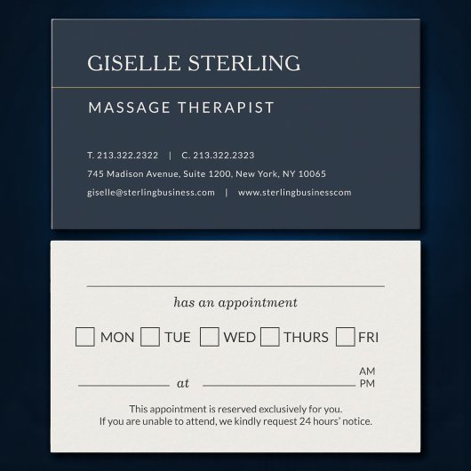 Herinnering aan afspraak voor massagetherapeut visitekaartje