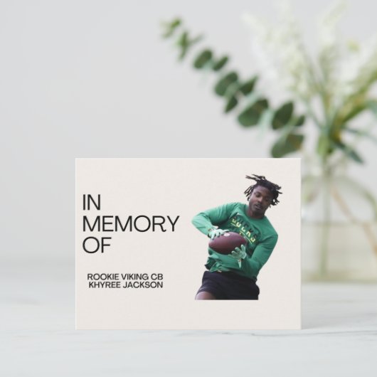 Herinnering aan Vikingen Rookie CB Khyree Jackson Briefkaart (Staand voorkant)