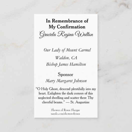 Herinnering Bevestiging Dove Heilige Kaart — Visitekaartje (Achterkant)