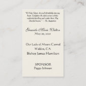 Herinnering bevestiging gouden duif kruis lelie ka visitekaartje (Achterkant)