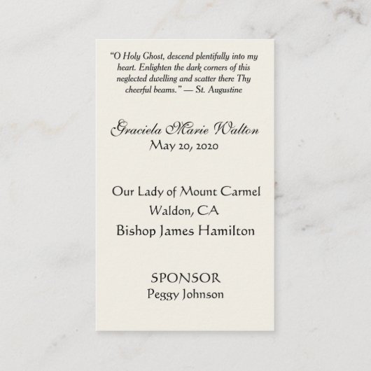 Herinnering bevestiging gouden duif kruis lelie visitekaartje (Achterkant)