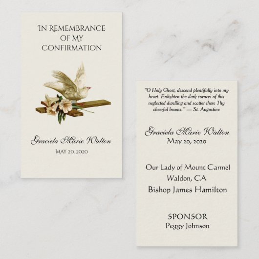 Herinnering bevestiging gouden duif kruis lelie visitekaartje (Voorkant / Achterkant)