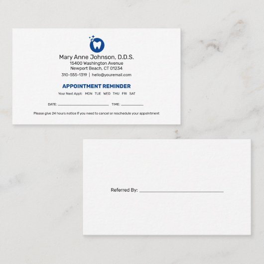 Herinnering voor benoeming van Dentist | tandheelk Visitekaartje (Voorkant / Achterkant)