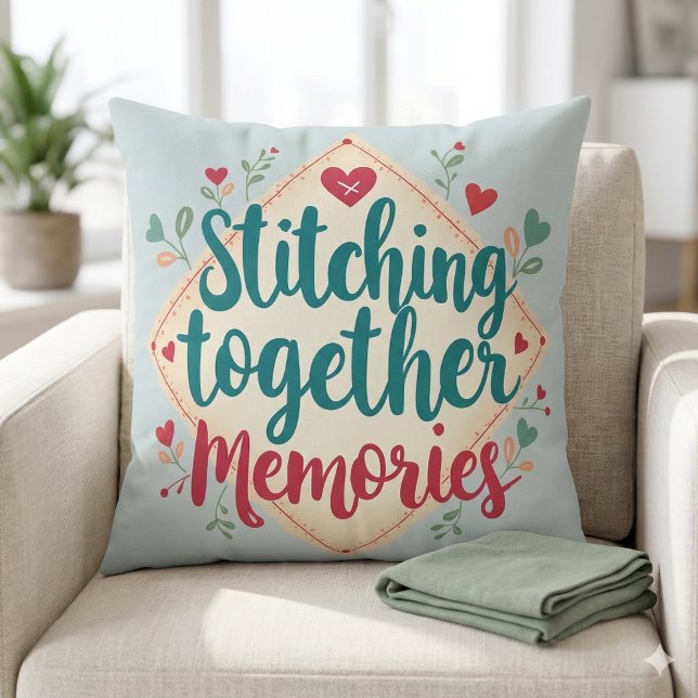 Herinneringen aan elkaar stikken Borduurkunst Kussen (Stitching Together Memories Embroidery Art Throw Pillow Mockup A)