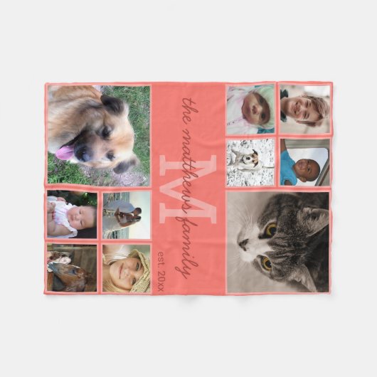 Herinneringen Koraal Monogram 10 Foto Collage Fleece Deken (Voorkant (Horizontaal))
