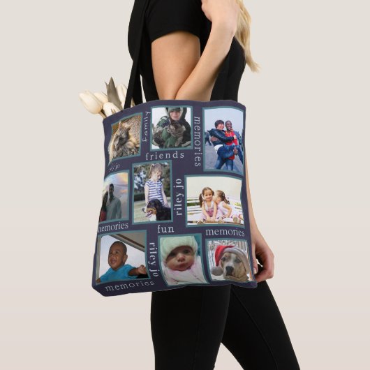 Herinneringen Navy Modern Trendy 18 Foto Collage Tote Bag (Dichtbij)
