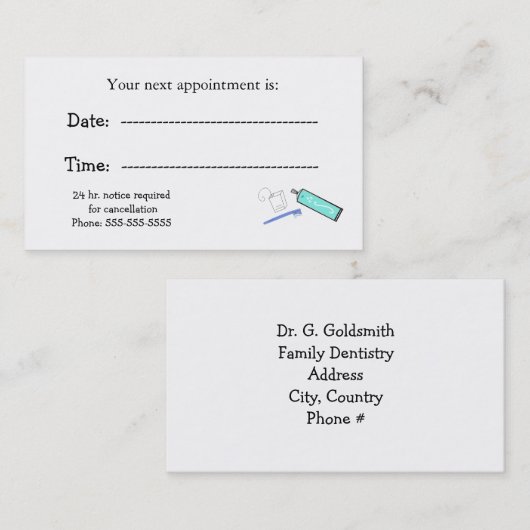 Herinneringen voor benoeming van tandartsen afsprakenkaartje (Voorkant / Achterkant)