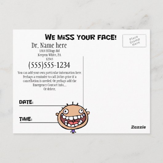 Herinneringskaart voor gebitscontrole briefkaart (Achterkant)