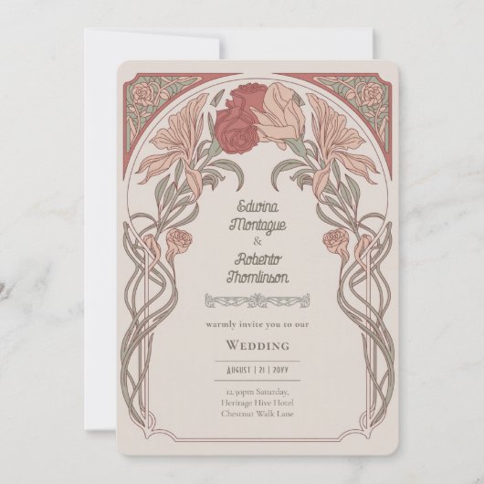 Heritage Art Nouveau Botanical Wedding Teracotta Kaart (Voorkant)