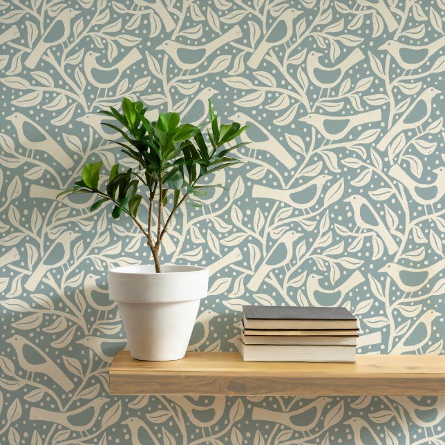 Heritage Birds and Branches Duck Egg Blue Behang (Birds and branches heritage revival arts and crafts movement inspired duck egg blue green wallpaper)