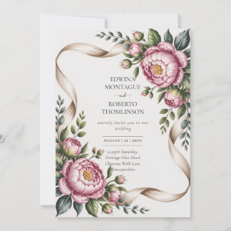 Heritage Blush Peony & Ribbon Botanical Wedding Kaart