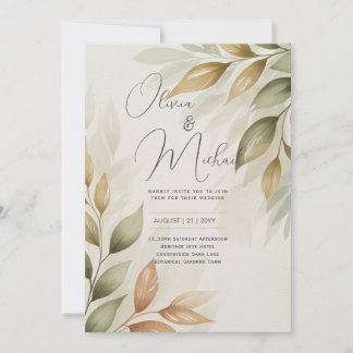 Heritage Botanical Watercolor Greenery Modern Wedd Kaart