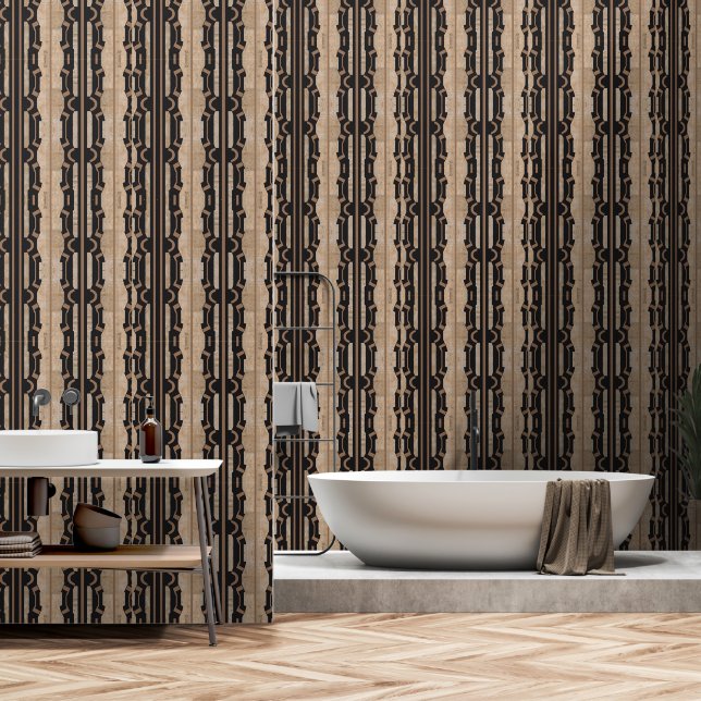 Heritage Chain Stripe (Black + Sand) Luxury Behang (Badkamer)