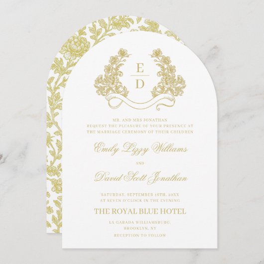 Heritage Gold and White Monogram Arch Wedding Kaart (Voorkant / Achterkant)