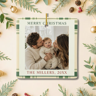 Heritage Green Geruite Familie Foto Kerstmis Keramisch Ornament