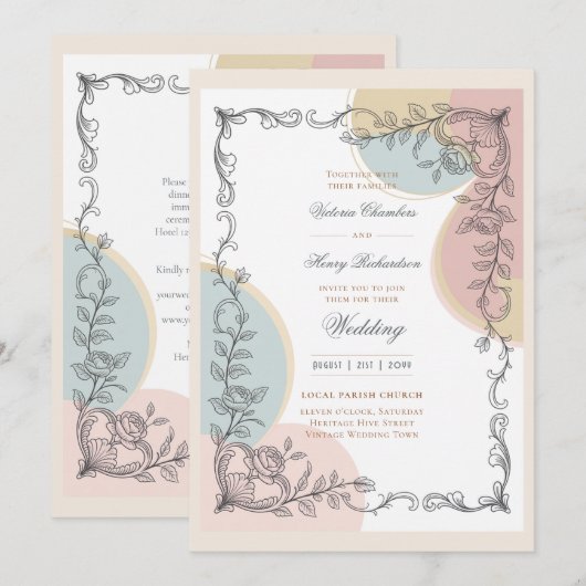 Heritage | Mid-Century Pastel Botanical Wedding Kaart (Voorkant / Achterkant)