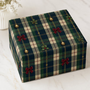 Heritage Navy Groen Tartan Kerstbogen Bellen Cadeaupapier