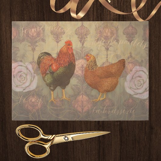 Heritage Rooster and Chicken French Damask Tissuepapier